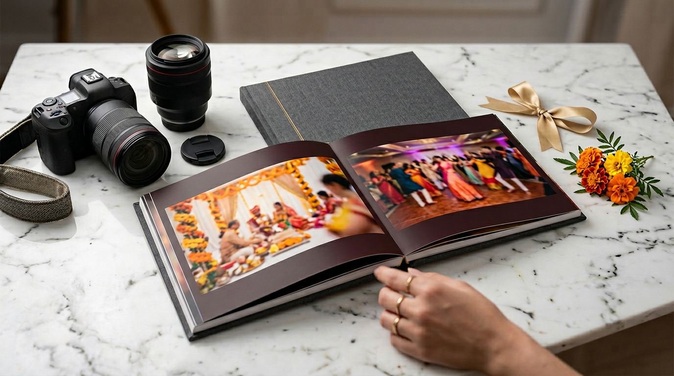 Commercial shoots — luxury wedding photo album product styling on marble with DSLR and lenses, soft studio light, subtle Indian wedding props, no faces