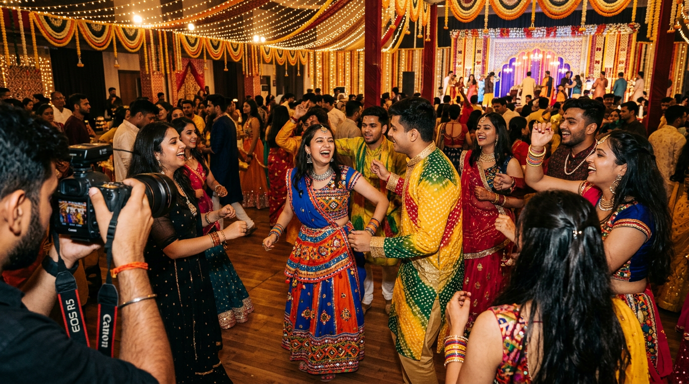 Event coverage — young Gujarati guests celebrating with festive lights and candid moments