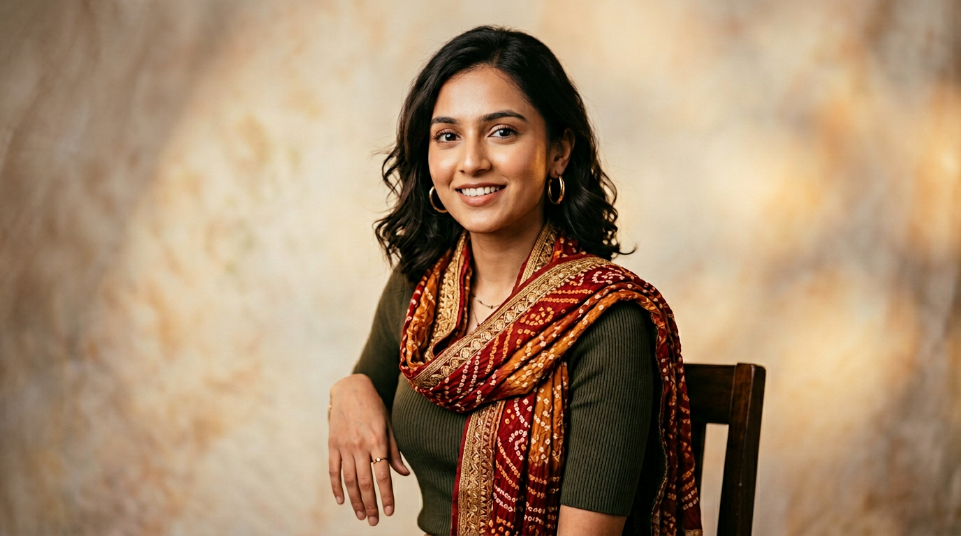 Portrait sessions — young Gujarati subject, studio lighting, editorial shallow depth of field, premium headshot