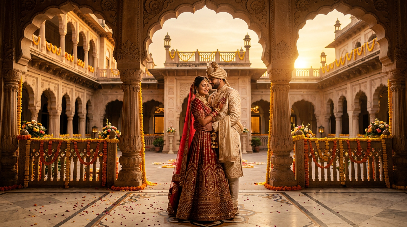 Pre-wedding shoot — young Gujarati couple in elegant traditional attire at heritage palace mandap, golden hour