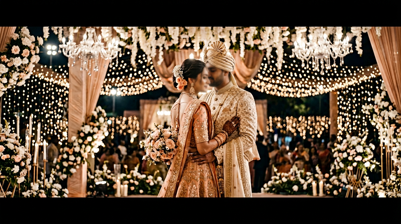 Wedding videography — cinematic film-style frame of a young Gujarati couple on a luxury LED-lit floral stage in Gujarat; no crew or cameras visible, faces softly out of focus